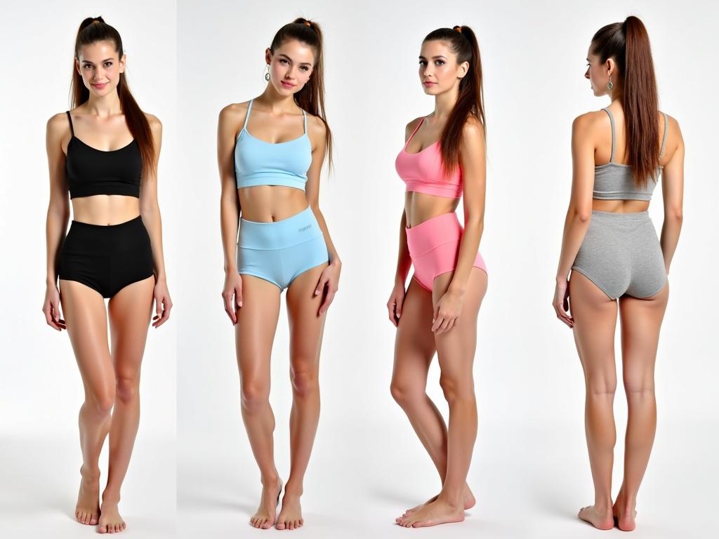 The image features a young woman with long brown hair styled in a ponytail. She has a fair skin tone and is wearing various two-piece outfits. The main subject is displayed in multiple poses: front, side, and back, showcasing different colors of her outfits — black, light blue, pink, and grey. The lighting is bright and even, emphasizing her features and the form-fitting nature of the clothing. The background is minimalistic, keeping the focus on her and the clothing.