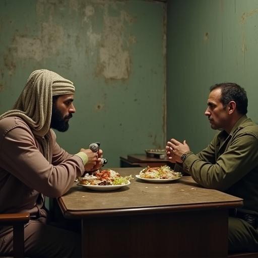 Scene set in a grimy Kuwaiti interrogation room. A scruffy Arab man with duct-taped wrists slouches in a chair. A tired cop stares intently. Dialogue about love for food ensues. Transition to both men quietly eating takeout together.