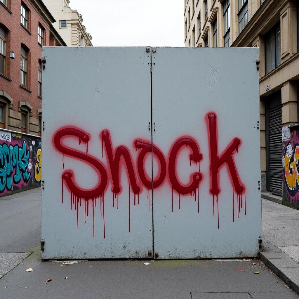 A large grey wall features the word 'Shock' sprayed in red. The wall is in an urban setting with graffiti all around. Natural daylight illuminates the scene.