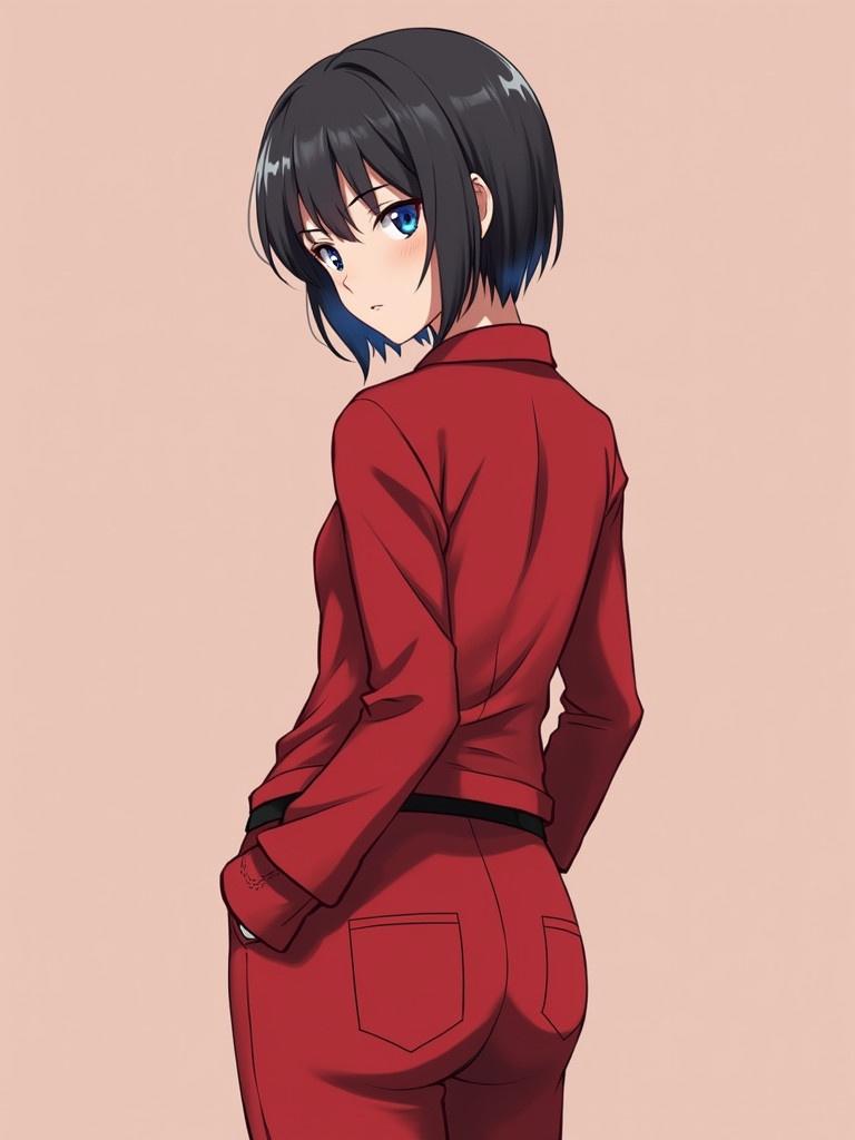 Anime character in red outfit turned back. The character has short black hair and blue eyes. Pants with back pockets included. Simple background color.