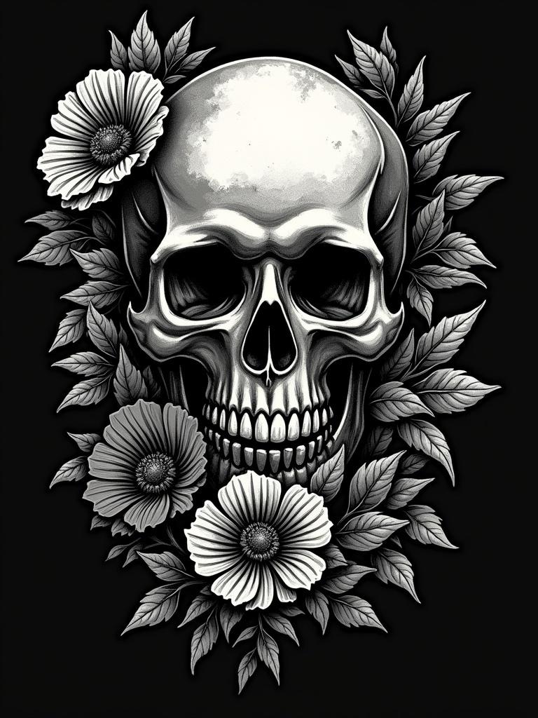 Design gothic inspired woodcut illustration. Use linocut printing method. Angry skull surrounded by dark flowers and leaves. Silver metallic gradient tone on skull. Dark grey for flowers. All set against a black background. Detailed design suitable for t-shirt.