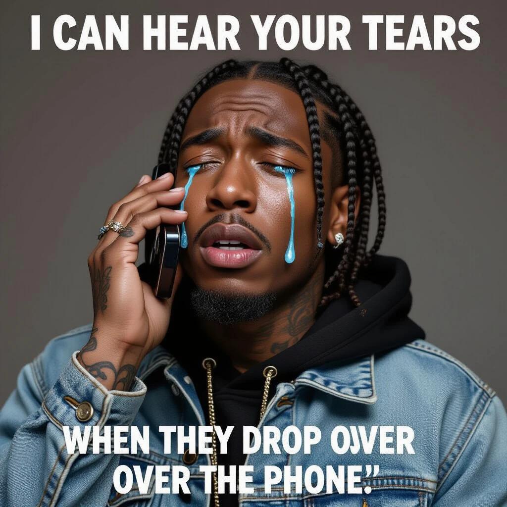 A photo realistic image of Future the rapper. Caption states I can hear your tears when they drop over the phone. The setting is dramatic and emotional. The rapper is holding a phone close to his ear.