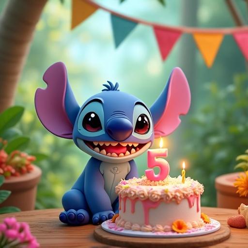 Stitch character celebrating 5th birthday. Cake with name Skye. Tropical park background with flowers and flags.