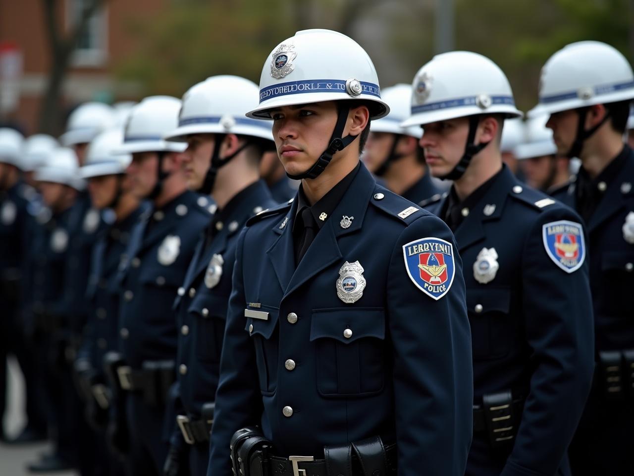 A line of Toronto police uniformed officers stands attentively outdoors. They are wearing white helmets and dark blue uniforms. The scene captures a serious and respectful atmosphere. The officers are lined up in formation, showcasing discipline and professionalism. This image represents community safety and law enforcement dedication.