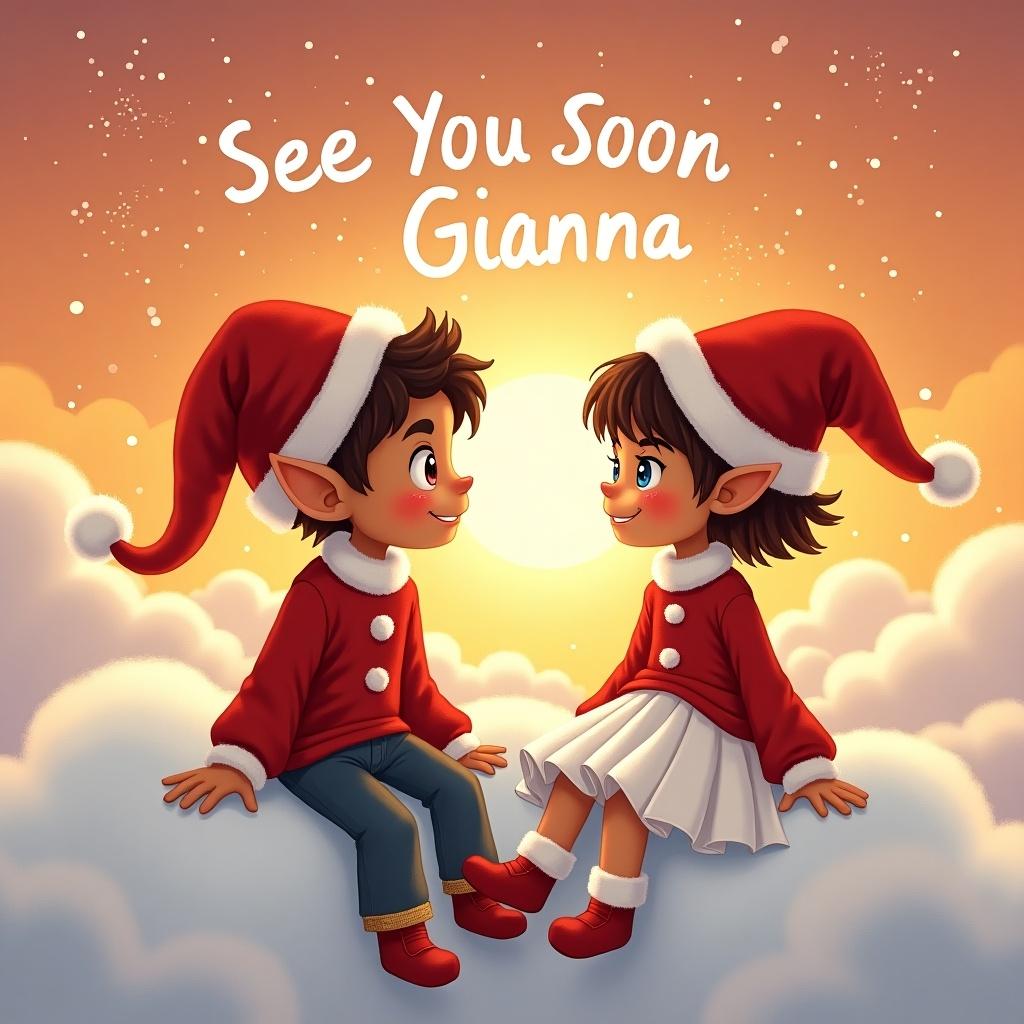 Illustration of two cheerful elves on fluffy clouds. Boy has dark hair and skin. Girl has short brown hair and blue eyes. Background shows a vibrant sunset. Text 'See You Soon Gianna' at the top. Elves wear red outfits; girl has a white skirt. Artwork reflects holiday spirit.