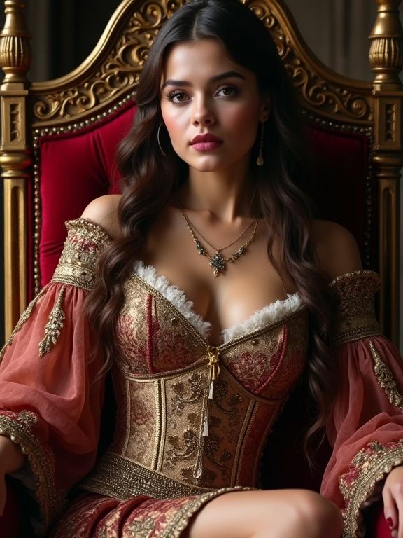 A young Latina medieval noblewoman around 19 years old in royal garments. Seated comfortably on a throne, she has long brown hair, hazel eyes, and thin red lips. Expression is neutral. Style is realistic with high photo quality.