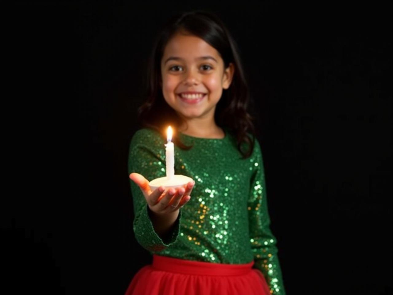 The image features a young girl wearing a sparkling green blouse and a vibrant red skirt. She is standing in front of a plain black background, which enhances the colors of her outfit. In her hand, she is holding a candle, which is gently lit and emits a soft glow. The candle adds a warm ambiance to the image. The girl has a cheerful expression, looking towards the camera, creating a delightful and heartwarming scene. The overall composition combines the bright clothing with the serene lighting of the candle.