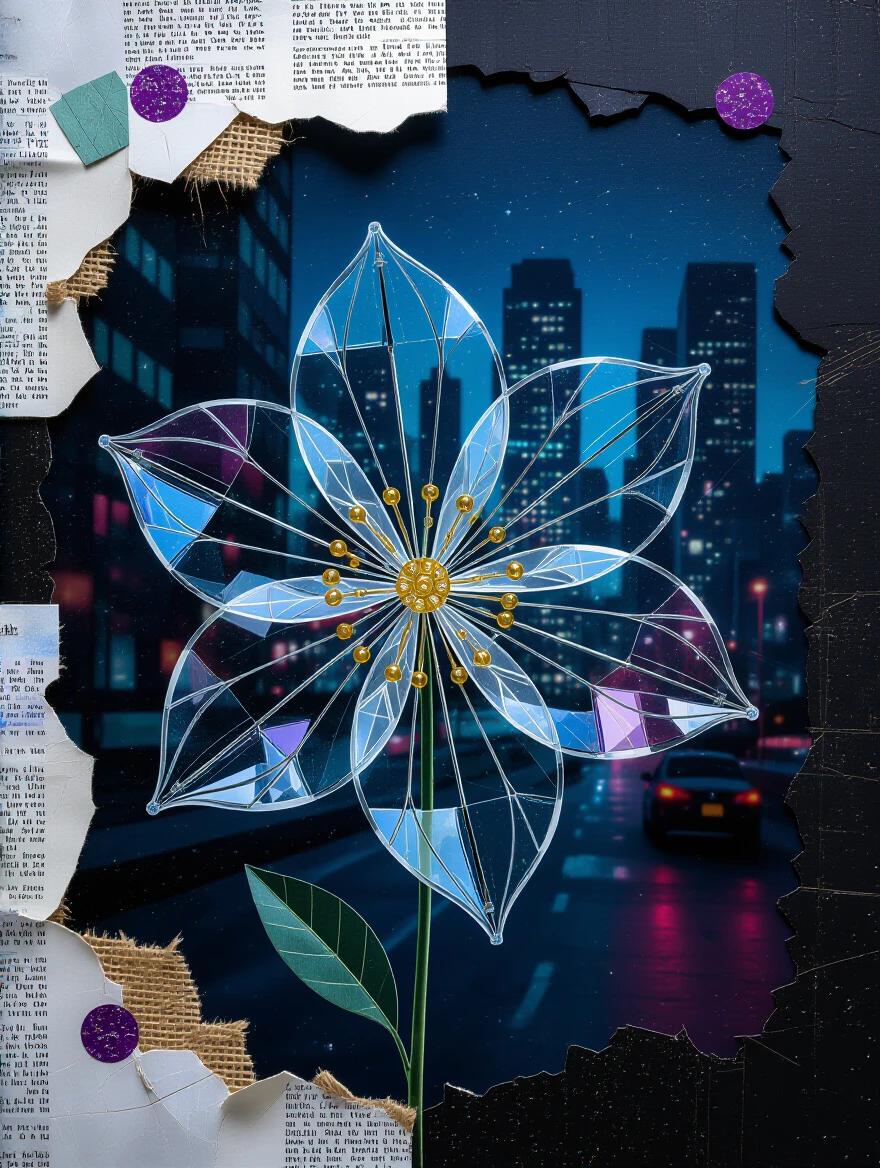 Macro photograph features a single transparent flower made of electrical wire with clear plastic and wire petals. Background depicts a futuristic dystopian city at night. Luminous colors create depth. Mixed media elements include newspaper and jute. Textures like glittering confetti and origami are present.
