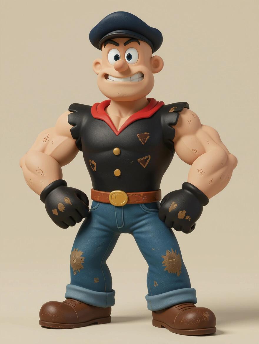 Ultra-high resolution hyper-detailed rubber hose character in 1930s cartoons style inspired by Popeye. Character is muscular with exaggerated forearms and squared jaw. Displaying gritty yet charismatic expression in full-body pose. Features classic pie-cut eyes and gloved hands. Outfit combines sailor and street styles with rolled-up sleeves and high-waisted pants. Textures illustrate worn fabric and weathering. Urban elements include gold tooth and optional tattoo. Studio lighting highlights depth and shadows. Designed for sublimation with bold contrast.