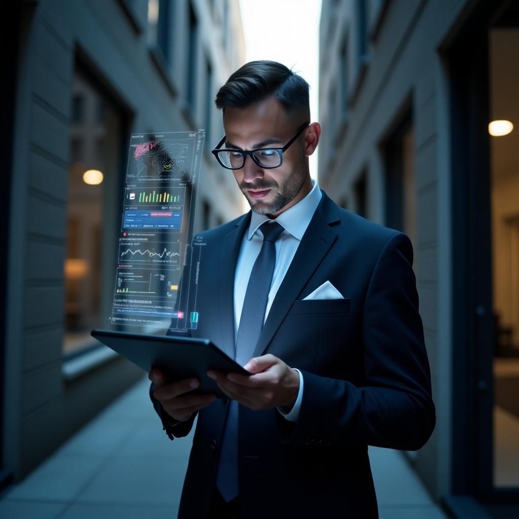 A man in a sophisticated suit stands in an urban alley, focused intently on a tablet in his hands. The tablet displays vibrant, holographic data projections, showcasing graphs and analytics. The setting is illuminated softly, emphasizing the man's professional demeanor. The alley is flanked by modern buildings, adding to the contemporary atmosphere. This scene embodies the intersection of technology and real estate marketing.