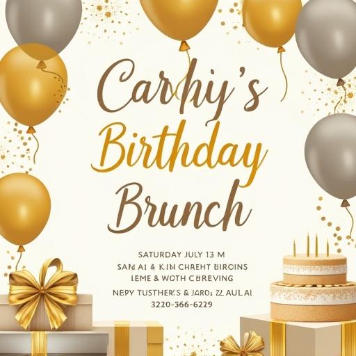 Elegant birthday invitation design featuring soft nude colors with yellow and silver undertones. Decorations include gifts, balloons, and a cake surrounding the central text of the invitation. Details about the brunch event included, such as date, time, location, and RSVP information.