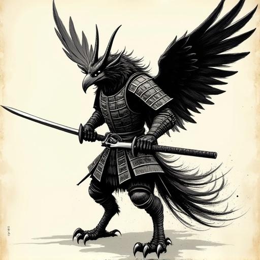 A mythical creature depicted in a single color scheme. The creature has traditional oni-like features, sharp horns, and a wild mane. It is adorned with samurai-style armor, possesses powerful raven-like wings, and wields two katanas. The lower half includes avian attributes with claw-like feet. The image conveys a mystical and dramatic atmosphere, following traditional Japanese ink art style.