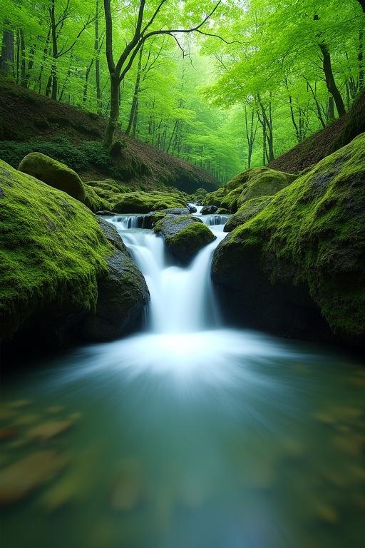 Tranquil waterfall cascading over mossy rocks into a serene pool. Lush green moss covers the rocks. Clear flowing water. Vibrant greens and blues. Smooth reflective water mirrors surrounding greenery. Soft diffused light highlights moss texture. Slightly elevated view offers wide perspective. Balanced composition draws eye to water center. Dense forest with vibrant green trees. Natural detailed rocks and moss visible. Serene peaceful nature. Lush landscape photography.