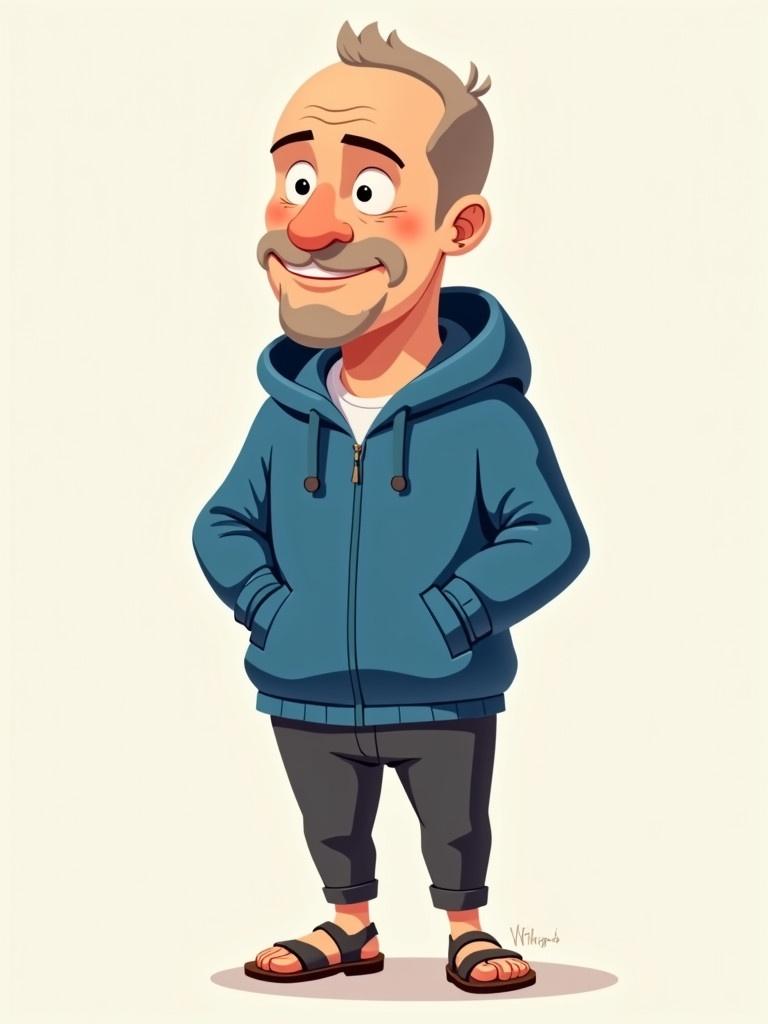 Cartoon character with no hair dressed in a blue hoodie and sandals. The character stands with hands in pockets. The figure appears casual and relaxed.