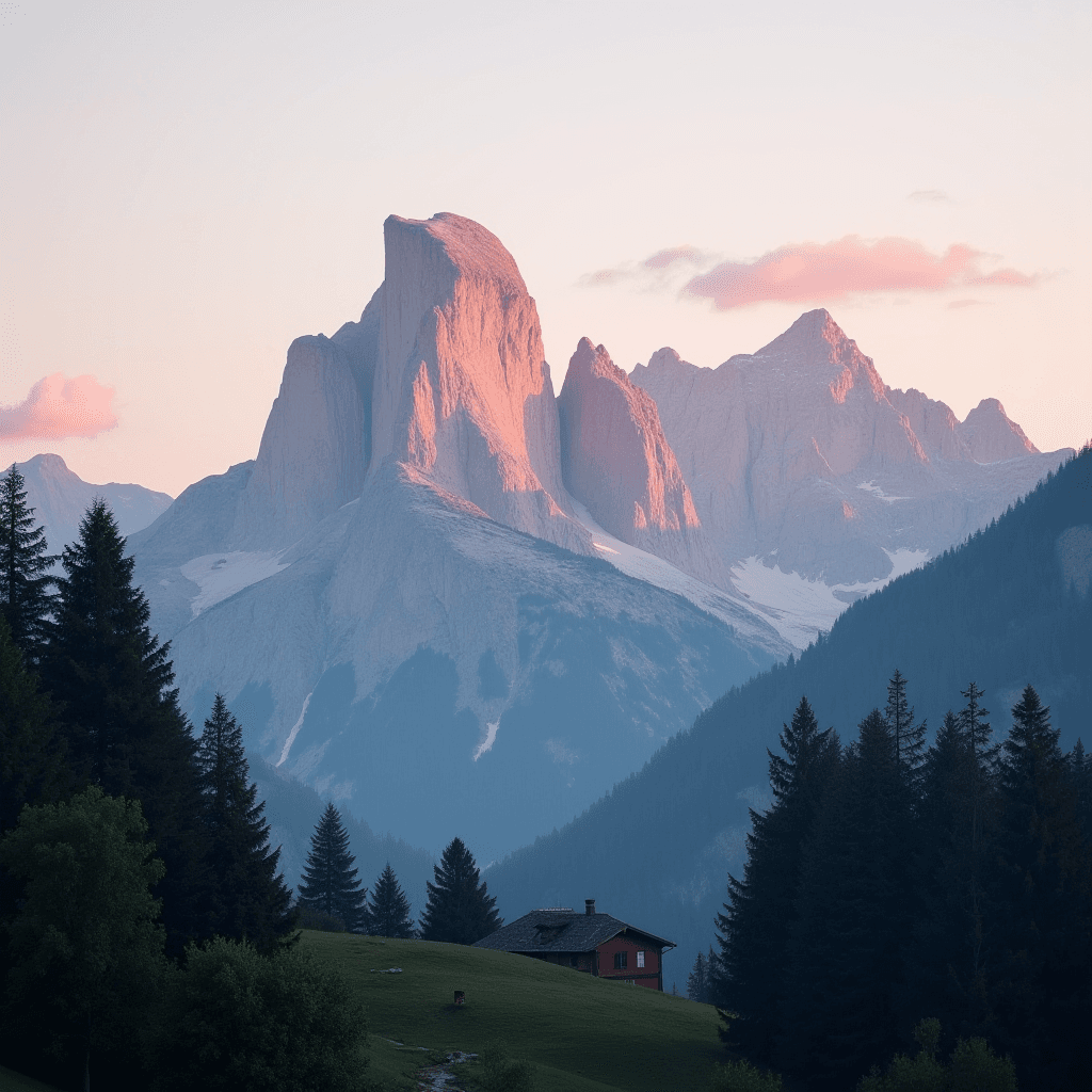 A peaceful mountain landscape at sunset with a cabin nestled among trees.