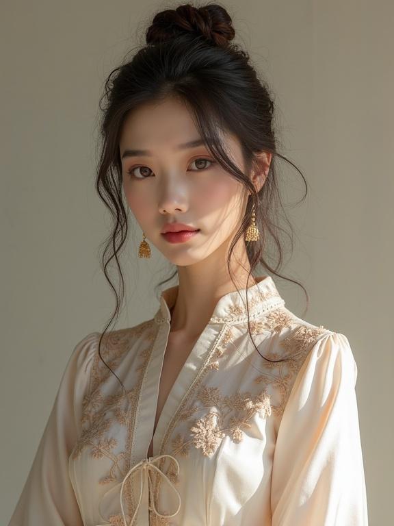 Model wearing a Korean blouse with embroidery. Soft lighting accentuates the features. Elegant and refined pose. Warm tones create a serene atmosphere.