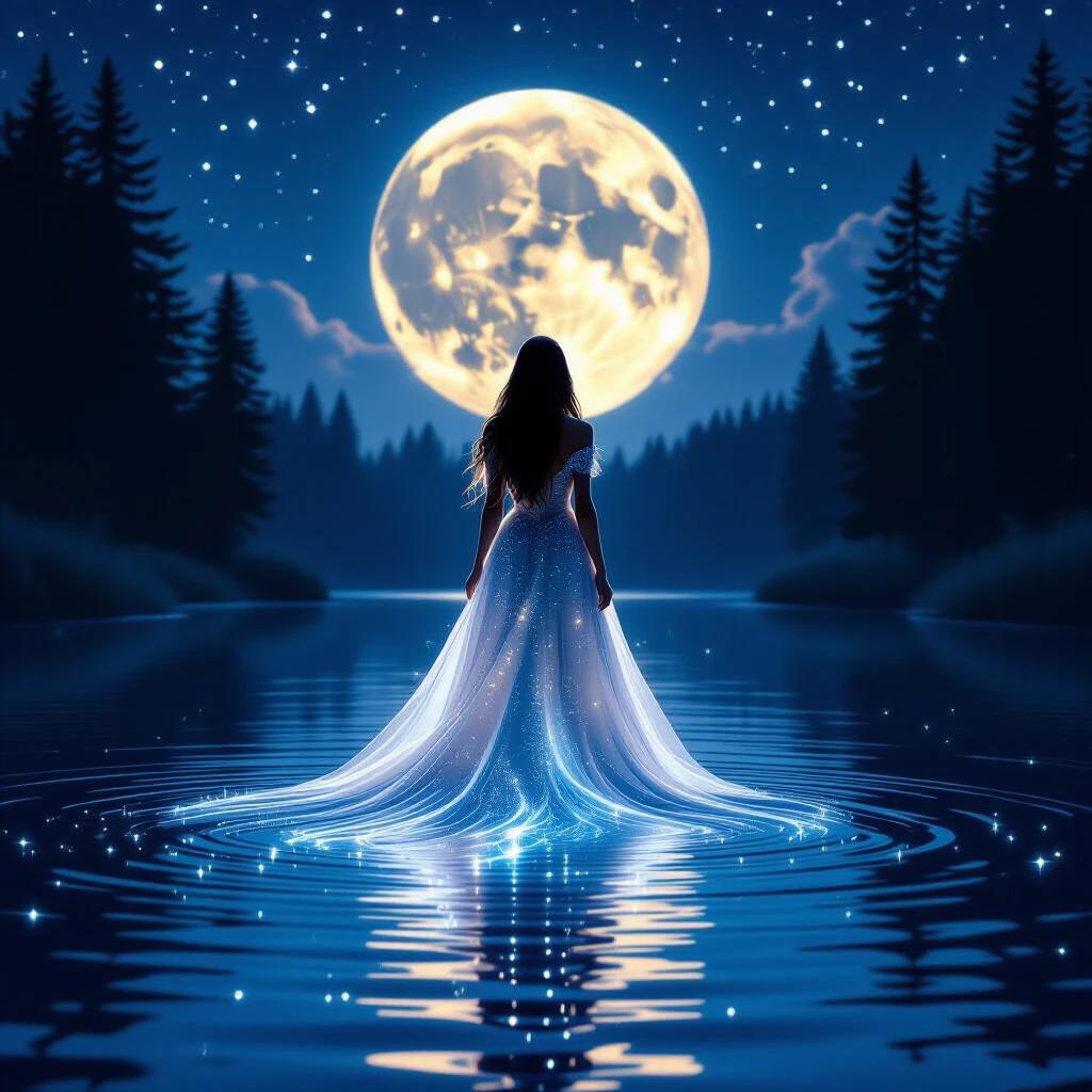 A serene figure stands partially submerged in a shimmering lake. Hair flows with luminous light. A gown twinkles with sparkling particles. Tall trees frame the scene in shadows. A luminous moon shines brightly in the starry sky. The atmosphere feels magical and tranquil. Light and darkness interplay beautifully.