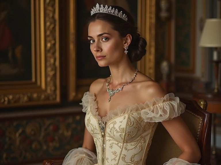 A young woman in an elegant royal gown with intricate designs and a tiara. The setting features ornate paintings and a luxurious decor.