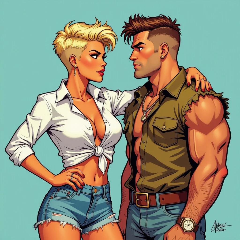 Comic strip style artwork. Jodie Steel poses confidently facing Obelix. She wears a knotted, unbuttoned white shirt and ripped denim shorts. Hair styled in a punk crew cut, one side shaved. Background features an off-road motorcycle.