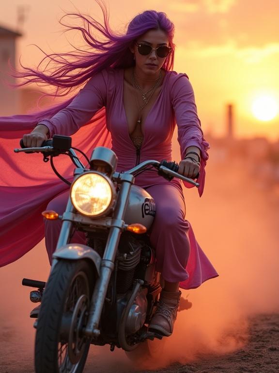 A woman with long purple hair rides a motorcycle during golden hour. She wears a pink outfit with a flowing cape. The scene is filled with dust and highlights her figure.