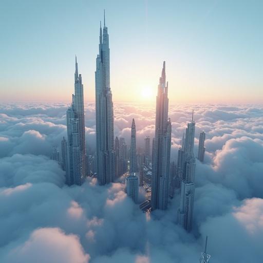 Futuristic city with tall skyscrapers surrounded by clouds during sunset.