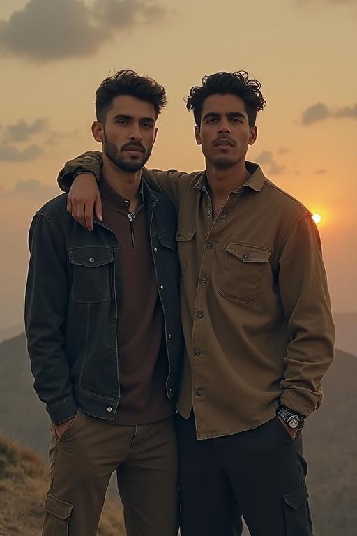 Two friends posing against a sunset backdrop. One has curly hair and a light jacket; the other, also with curly hair, wears a buttoned shirt. Both are standing close, exuding camaraderie.
