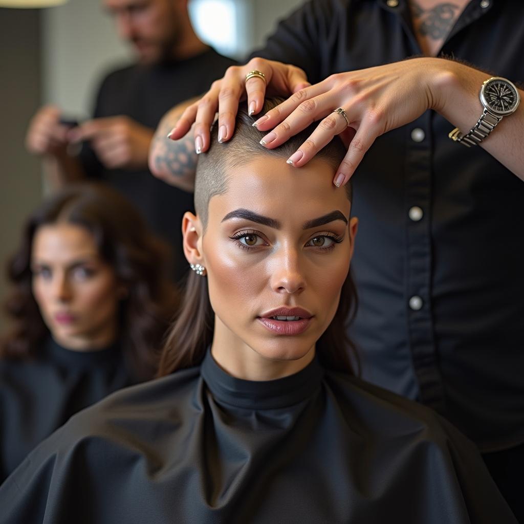 The image depicts a cosmetic and grooming scene in a modern barbershop. A woman with a sleek, shaved head is the main focus, looking directly at the camera with confidence. In the background, another person is having their hair styled. The stylist is gently placing their hands on the woman's head, suggesting a moment of care and technique. The environment is bright and inviting, with soft natural light illuminating the setting. This image captures the essence of beauty and transformation, showcasing innovative hairstyles and grooming practices.