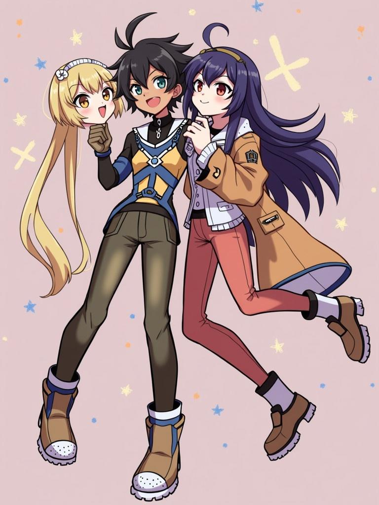 Anime characters in playful poses with a light background. One character has long blonde hair and the other has dark hair. Both wear stylish outfits with fun details.