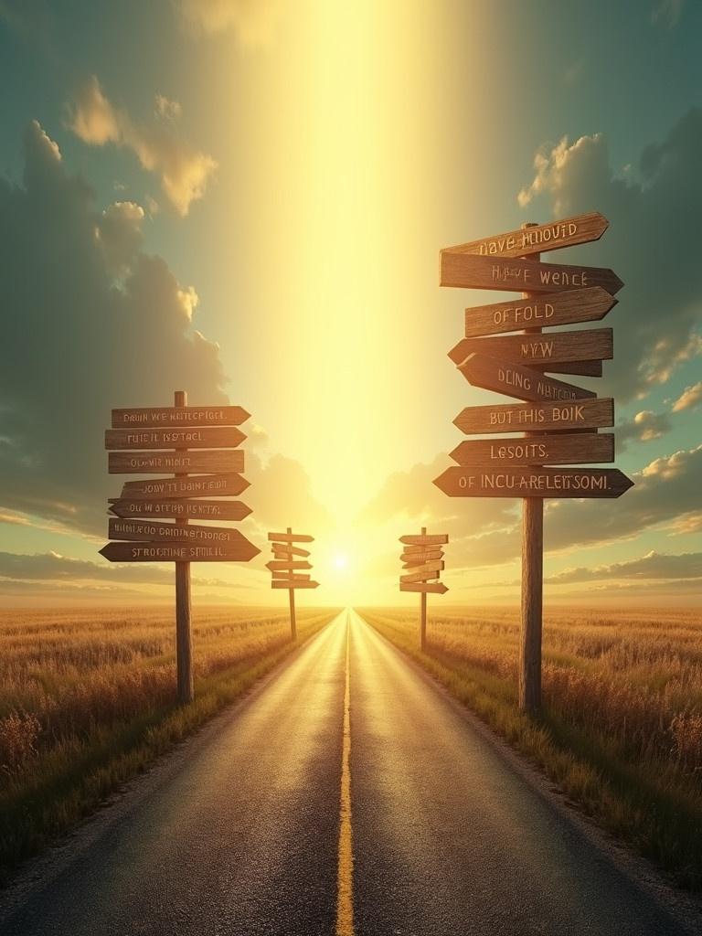 Long straight road leads to the horizon. Bright rays of sunlight illuminate the road. Signposts on either side have messages about faith. Dramatic sky creates an inspirational atmosphere. Serene landscape with fields beside the road.