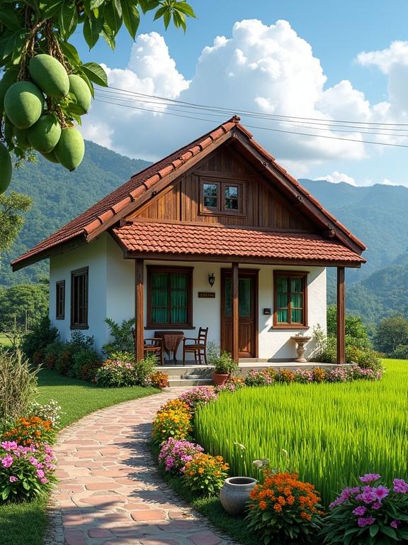 Charming rural home with vibrant rice fields and flowering gardens. Two-story house with a rustic red roof and green windows. Stone pathway leads to a veranda with outdoor seating. Surrounded by colorful blooms and a well-maintained lawn. Backdrop of lush mountains under a partly cloudy sky.