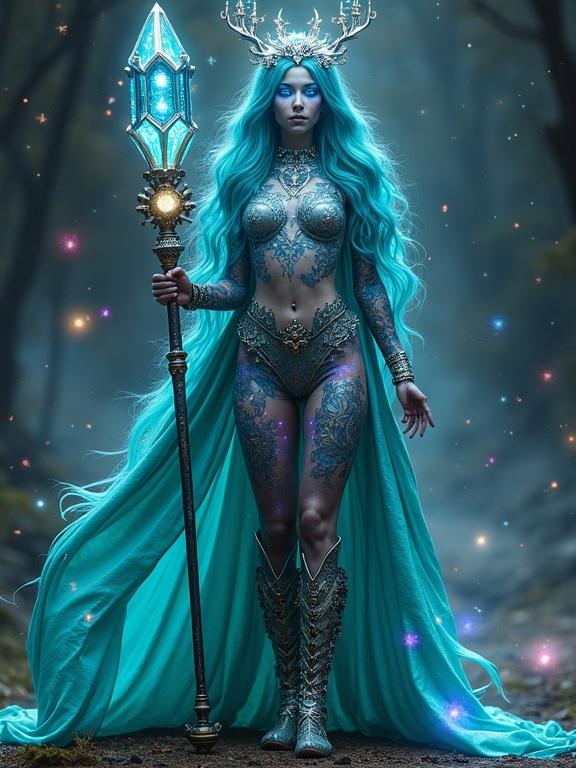 Full-body wide shot of cosmic guardian woman standing with teal hair and glowing eyes. Intricate tattoos on her body change colors. Dressed in futuristic robes and a cloak with glowing symbols. Holding a scepter with gemstones. Standing in a misty forest with shimmering aura.