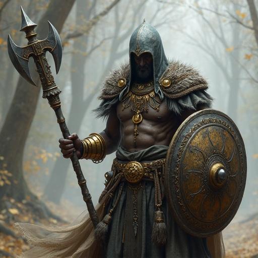 Drow warrior with left arm raised holding a one-handed mace. Right arm covered by buckler shield. Wears only loincloth and golden bracers.