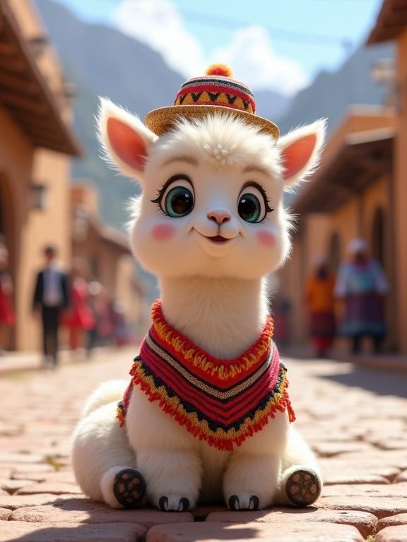 Cute baby llama characterized by fluffy white fur cheerful expression dressed in colorful poncho resides along picturesque cobblestone path within vibrant Andean village backdrop with mountains and local celebrations occurring nearby