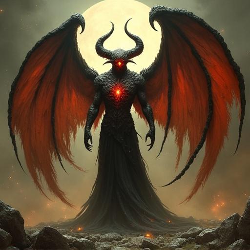 A powerful demon with angelic wings stands against a full moon. The creature has glowing eyes and fiery elements. Its wings are large and majestic, contrasting with its dark, fearsome form. The background is rocky and dramatic, enhancing the creature's imposing presence.