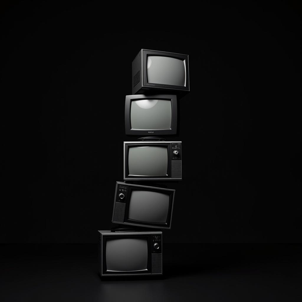 A pile of TVs stacked up one on top of the other against a black background.