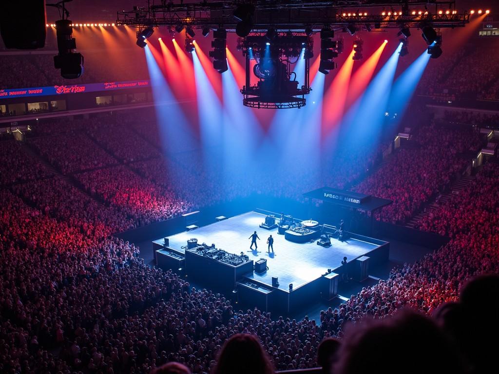 The image depicts a stunning aerial view of a concert stage at Madison Square Garden, featuring the artist Roddy Ricch. The stage is designed with a T-stage runway, allowing performers to connect with their audience. Bright red and blue lights illuminate the stage, creating an electrifying atmosphere. The crowd below is densely packed, showcasing the popularity of the event. This perspective allows viewers to appreciate the scale of the performance and the excitement of the fans eagerly awaiting the show.