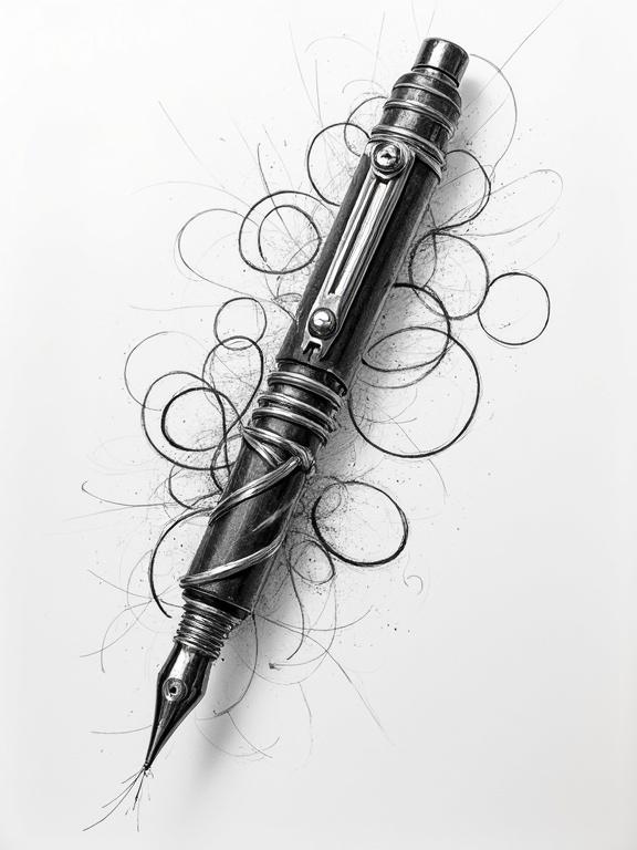 Detailed sketch of a fountain pen with swirling lines and scribbles in the background