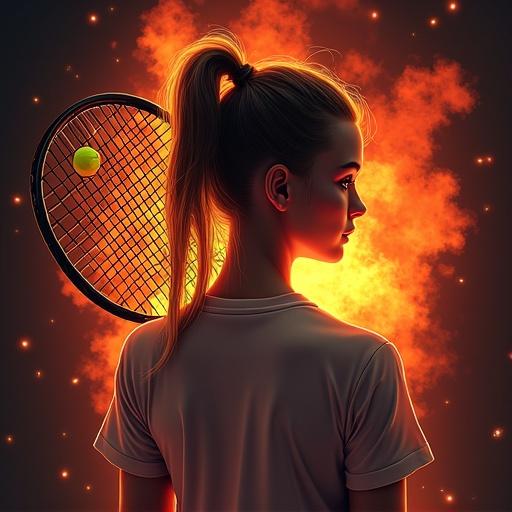 Cool design for a T-shirt. Tennis racket and yellow tennis ball in center. Red flames in background. Female figure with ponytail.