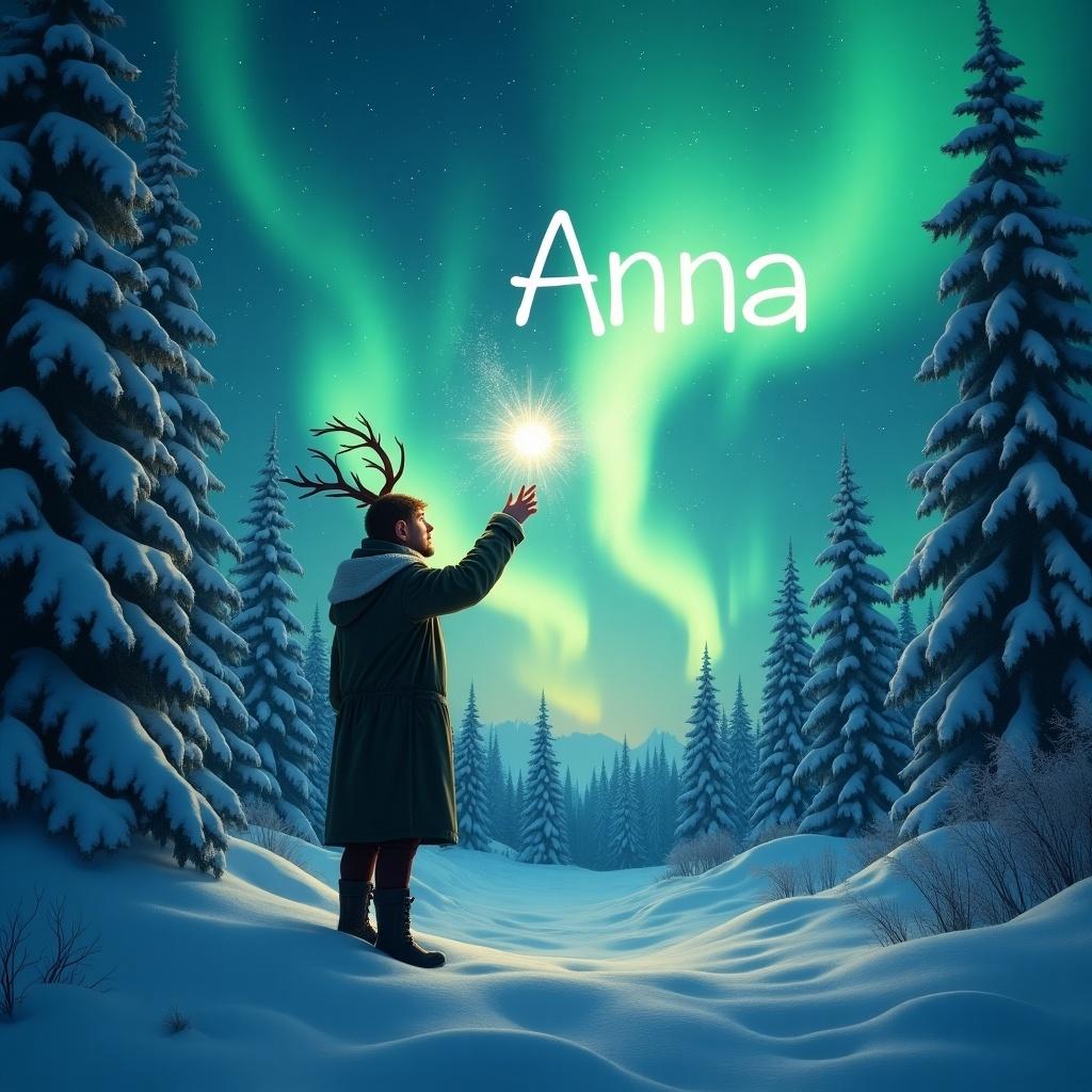 A mystical scene shows an elf in a snow-covered forest. Northern lights illuminate the sky in green and blue. The elf has antlers and gazes at the lights above. Snow-covered trees surround. Using a magic wand, the elf writes the name 'Anna' in the air, enhancing the magical atmosphere.