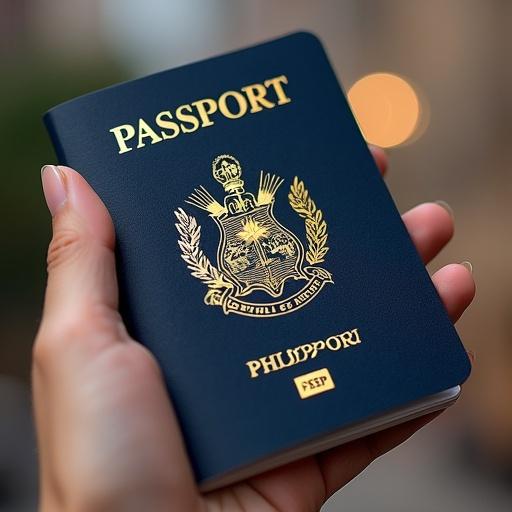 Close-up of a Philippine passport being held in a hand. The passport is navy blue with gold lettering and emblem. Soft background blurred out.