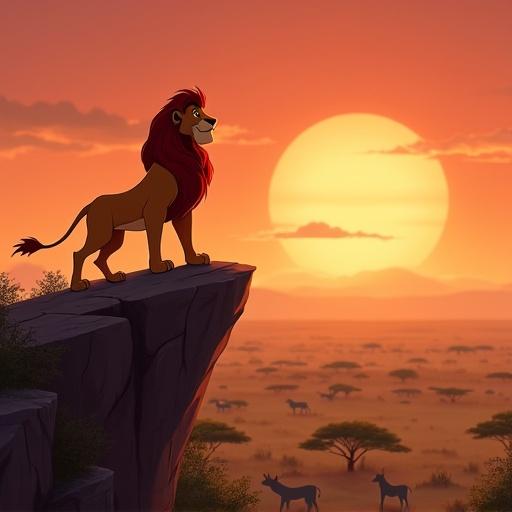 Simba stands on the rock with Sarabi. Vast savanna stretches before them. Rays of sunlight touch the ground in shades. Animals roam leisurely.
