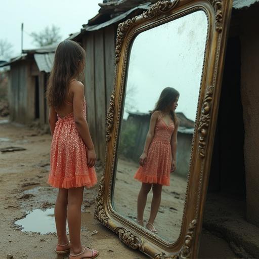 Young girl looks into a large mirror. Mirror reflects her image as glamorous woman in sequined dress. Surroundings show dilapidated, muddy settlement.