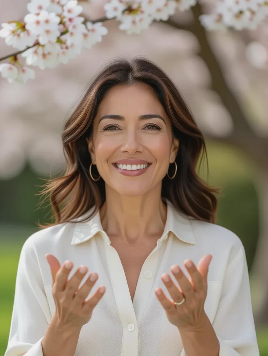 Clear high-quality portrait of a middle-aged Mexican woman seen from the front with hands in speaking position. She is dressed in a casual spring-inspired style while surrounded by blooming flowers.