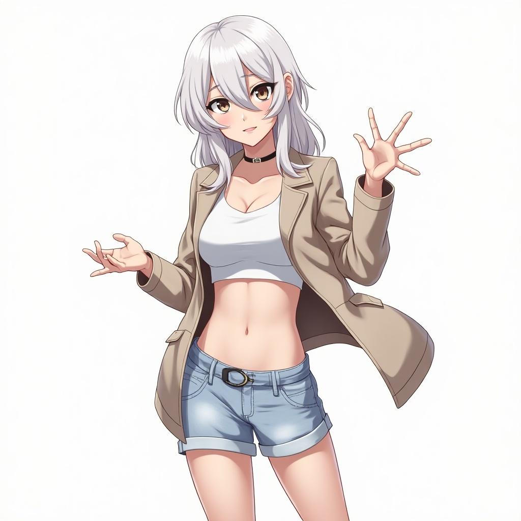 Create a stylish anime character who exudes confidence. Character has a trendy outfit including a blazer, crop top, and denim shorts. Use pastel color palette and maintain aesthetics of anime style. Incorporate elements of Corolla blocks.