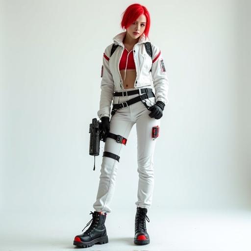 Full body studio photo featuring a female character in a futuristic medic costume. Character has short red hair and a white outfit with red accents. She wears military boots. The background is clean and minimalistic.
