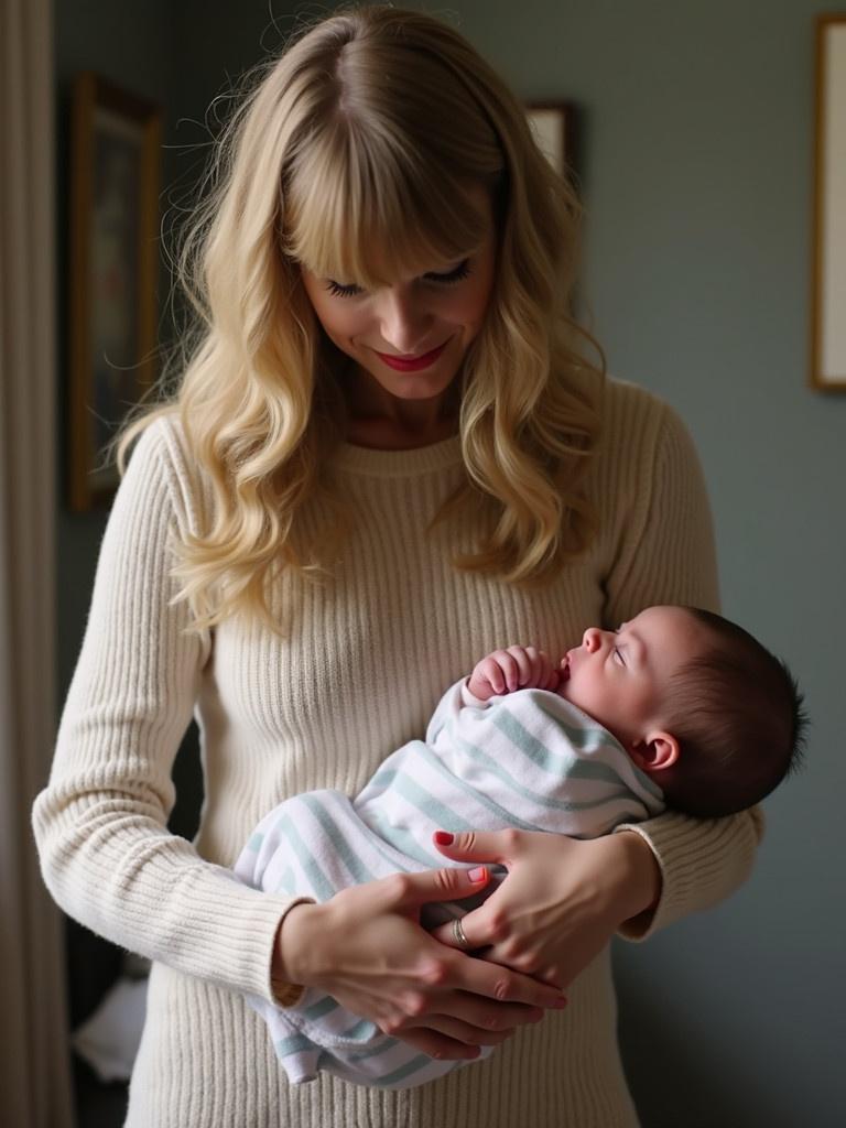 A woman is holding a newborn baby. The baby is wrapped in a soft blanket. The woman has long blonde hair and is wearing a light-colored sweater. The background is a room with soft colors and gentle lighting.