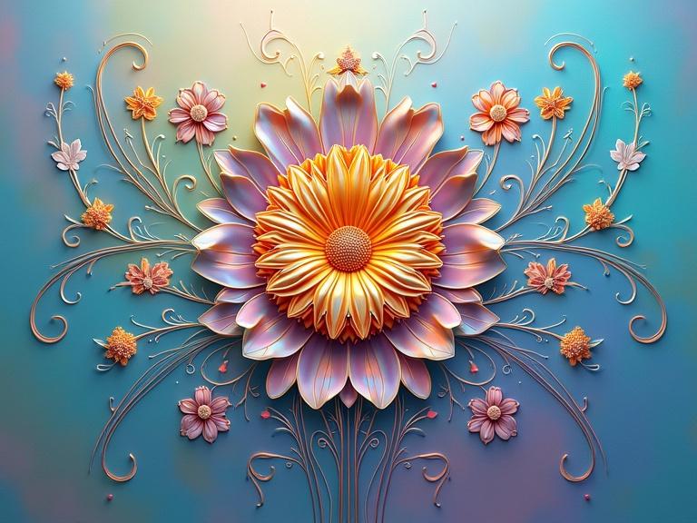 Symmetrical floral design with iridescent patterns. Central large flower with layered iridescent petals. Colorful spectrum includes blues, greens, yellows, oranges, pinks, and purples. Curving iridescent stems with smaller flowers. Abstract and glossy appearance.