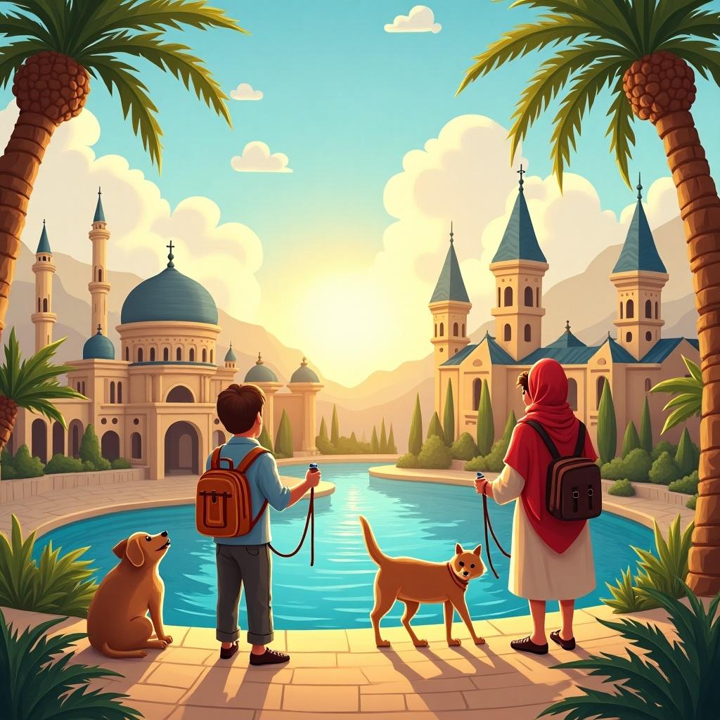 This illustration depicts a picturesque scene perfect for a book cover aimed at young readers. In the foreground, a child and an adult, possibly a parent, stand side by side, holding leashes of their dogs. They are looking out over a peaceful lake at sunset, surrounded by lush palm trees. Majestic architecture with domes and spires is reflected on the water, suggesting themes of travel and adventure. The warm tones of the sunset cast a magical glow on the scene, enticing readers to dive into a world of exploration across North America, Germany, and Arabia. This vibrant design captures the spirit of travel and connection to different cultures.