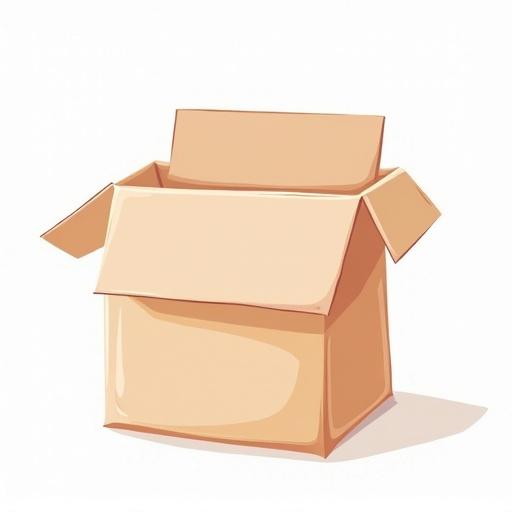 Flat cartoon style vector illustration of an open cardboard box. Clean geometric shapes with soft rounded edges. Solid white background.