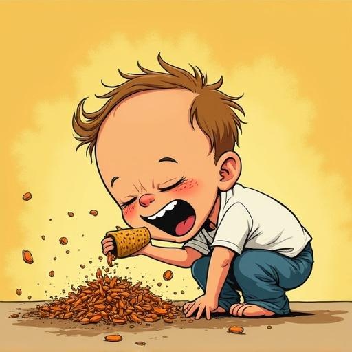 Artwork featuring a joyful child engaging with spilled snacks. The child is smiling and laughing while playing with crumbs scattered on the floor.